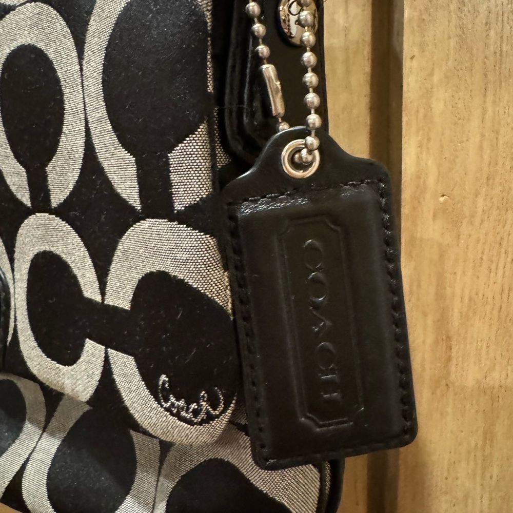 Coach Black/Gray Kristin Op Art Signature Flap Sateen Leather Shoulder Bag - Picture 8 of 14